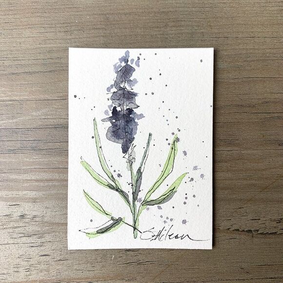 ACEO Painting Watercolor Ink Lavender Flower Purple Botanical Minimalist Signed - Picture 2 of 2